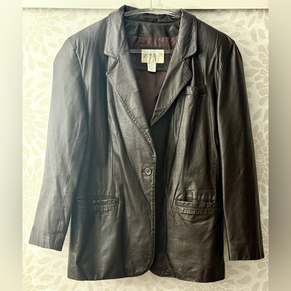 Vintage 90s Lord & Taylor Women’s L 14 Dark Brown Leather Jacket Blazer